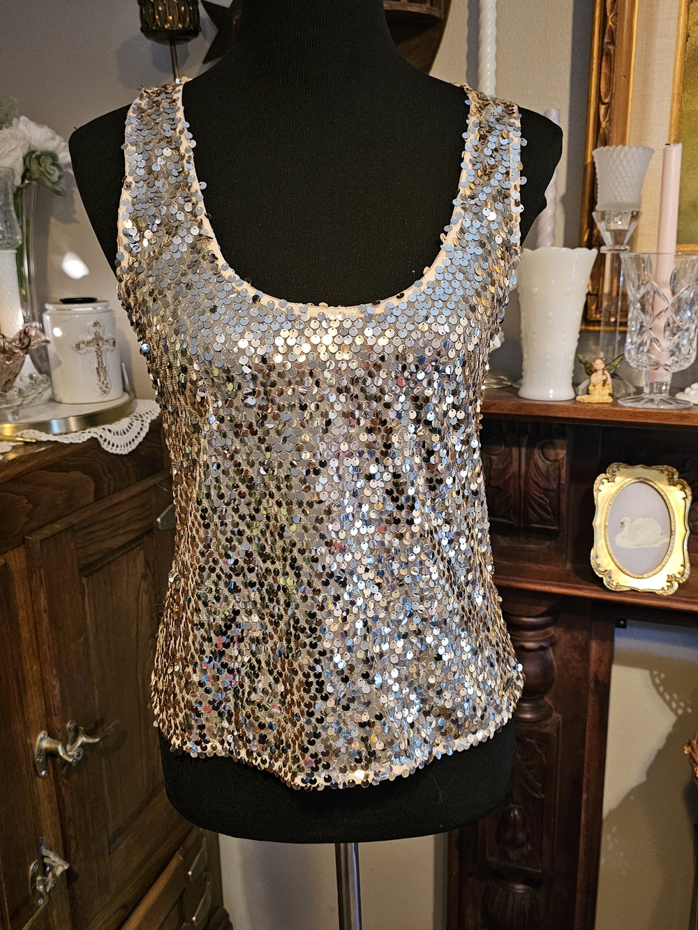 Abercrombie & Fitch Sequin Racerback Tank Top Gold Y2K Party Size M